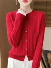 knitted cardigan women's round neck loose twist sweater jacket top buttons warm
