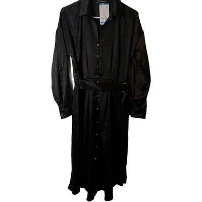 New French Connection Button Front Shirt Midi Dress Pockets Black Large NWT