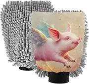 XYMZR Absorbent Microfiber Car Wash Mitt Pig Wings Cute, Funny Cute Anime Scratch Free for Cars Cleaning, Home Cleaning Mitts, 2 Pack, 10.24” L x 7.09” W