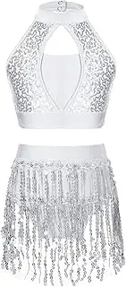 [Linjinx] Kids Girls Sequin Shiny Metallic Crop Top With Skirt Set 2pcs Jazz Latin Hip Hop Dance Performance Dancewear