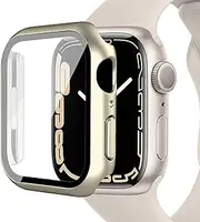 [Miimall] Case Compatible with Apple Watch Series 7 41mm/45mm Tempered Glass Screen Protector, Ultra-Thin Hard PC Shockproof All-Around Bumper Shell Protective Cover for iWatch Series 7-Starlight