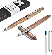 Wood Ballpoint Pen Set 2 Pack, Fancy Wooden Pens and Rollerball Pen for Men Extra 4 Ink Refills (2 Blue & 2 Black) Nice Writing Pen Gift Set for Business Journaling Executive Signature