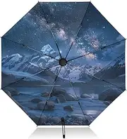 [PDZRMY] UV Protection Travel Umbrella Lanscape Galaxy Snowy Mountains Compact for Rain and Sun - Auto Open and Close UPF 50+ Windproof Portable 46” Sun Umbrella for Women and Men