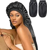 CMD 2 Pcs Silk Bonnet for Sleeping Women, Elastic Band Satin Hair Bonnet for Curly Hair, Silk Hair Wrap Sleep Bonnet Cap for Women Men（10 x 23In. Black）
