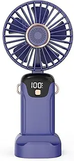 Handheld Fan, Portable Fan, USB Rechargeable Personal Fan, 90° Foldable Mini Desk Fan, 5 Wind Speeds, LED Digital Display, Lanyard Can Be Used as Neck Fan Suitable for Office/Travel/Outdoor Use （Bule）