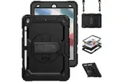 WASSUP iPad 9th/8th/7th Gen 10.2 inch Case with Screen Protector Hand Strap Stand & Shoulder Strap-Black&Black