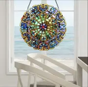 Window Panel Multi-Colored Stained Glass Spider Webbed Heart Pattern Handcrafted