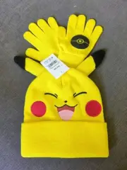 Kids Pokémon Pikachu Cuff Hat With Ears And Matching Gloves- Yellow Beanie