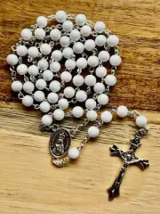 White Glass Bead Silver Metal Holy Rosary for catholic Prayers