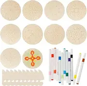 32 Pcs Wooden Mandala Painting Set, 10 Mandala Unfinished Wood Cutouts with 12 Markers, Mandala Painting Kit for DIY Craft Project, Mandala Making Kit, Mandala Dot Art Kit for Adults & Kids (Color A)