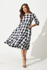 Zara Midi Smock Dress 3/4 Sleeve in Black With White Gingham 10