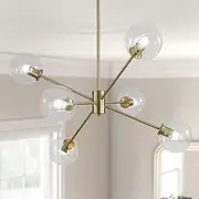 BOKT 6 Lights Mid Century Modern Clear Glass Globe Sputnik Chandelier Brushed Gold Sputnik Light Fixture Vintage Large Brass Pendant Lights Kitchen Island Farmhouse Living Dining Room Ball Chandelier