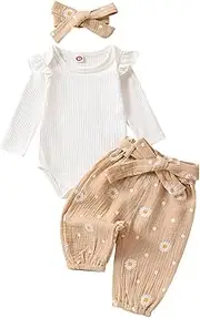 [RWYBEYW] Newborn Baby Girl Clothes 3 6 12 18 24 Months Rib Knit Ruffle Romper Daisy Print Pants Headband Fall Winter Outfits Set