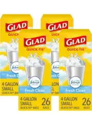 Glad OdorShield Small Trash Bags, Fresh Clean, 4 Gallon, 26 Count (Pack of 4)