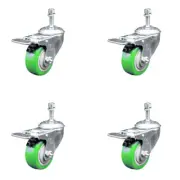 3 Inch SS Green Polyurethane 3/8 Inch Threaded Stem Caster Set Total Lock Brake