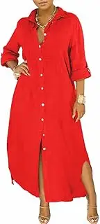 [OLUOLIN] Womens White Solid Maxi Dress - Loose, Button Down, Collared Neck, Long Sleeve, Party, Versatile, Casual Button-Down Maxi Dress