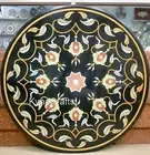 Dining Table Top with Pietra Dura Art Round Black Marble Patio Table for Garden