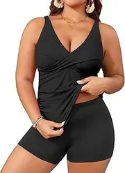 [Aqua Eve] Plus Size Tankini with Shorts Two Piece Swimsuits Tummy Control Bathing Suits for Women