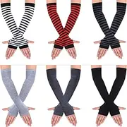 [SATINIOR] 6 Pairs Long Fingerless Gloves for Women Knit Thigh High Striped Arm Warmer Thumb Hole Stretchy Gloves