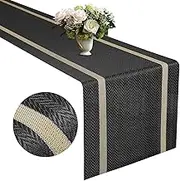 FAVE Woven Vinyl Table Runner Black Table Runner Woven with Golden Threads 72x12 Inches Wipeable Waterproof Dining Table Mats (Black-72x12)