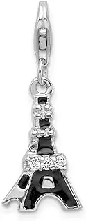 [JewelryWeb] 925 Sterling Silver Polished Fancy Lobster Closure 3 D Black Enameled CZ Eiffel Tower With-Lobster Clasp Charm Pendant Necklace 30x11mm