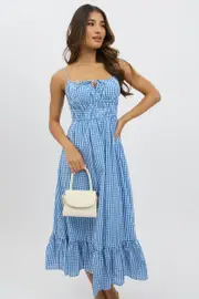 Blue Check Midi Dress Tiered Strappy - Size 16XL, Women's Midi Dress