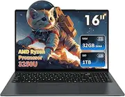 Auusda Laptop 16 Inches, AMD Ryzen 3 3250U Processor (up to 3.5GHz), 32GB DDR4 RAM 1TB SSD, 16 Inch Full HD Display with Camera Closure, USB x 3, HDMI, Micro SD Card Slot, USB Type C, Student/Business