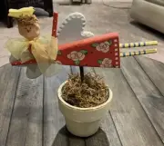 Whimsical Angel in Faux Planter 11” Tall Decor Wooden