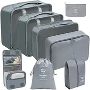 My Corgi Living 8-Piece Cube Travel Luggage Organizer Set - Efficient Luggage Separators & Travel Storage Cubes with Hanging Toiletry Makeup Bag, Shoe Bag - Perfect for Families, Men & Women (Grey)