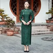 [JIMINISO] Red Green Stand Collar Printed Slim Long Sleeved Cheongsam Women Ethnic Style Mother's Birthday Party Dress Gift Qipao