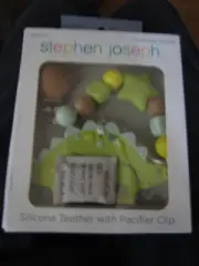 New Stephen Joseph Dinosaur Silicone Teether with Pacifier Clip