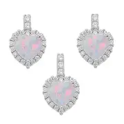 Silver Pendant & Stud Earrings Heart Simulated Opal & CZ 925 October Birthstone