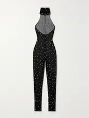 [Oséree] Oséree - Gem Necklace Crystal-embellished Stretch-tulle Jumpsuit - Black - medium medium Black