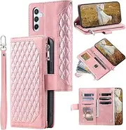 [QLTYPRI] Wallet Case for Samsung Galaxy A15 4G/5G,Luxury Quilted PU Leather Wallet Case with Card Slots for Women,Magnetic Zipper Purse Case with Wrist Strap Kickstand Shockproof Flip Cover-Rose Gold