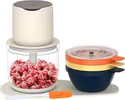 [Oimzzr] Multifunctional Vegetable with 600ml Container 150W 1500mAh Rechargeable Electric Meat Grinder Food Processor with 3x240ml Bowl, Scraper and Silicone Mat for Dicing, Mincing and Puree