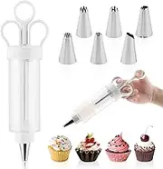 CALIDAKA Dessert Decorating Syring-e Set, Cupcake Frosting Filling Injecto-r with 6 Icing Nozzles,Cake Decorating Gu-n,Cream Piping Syring-e Nozzles Kits for DIY Cake Decorator, White