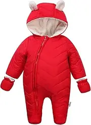 [DINGDONG'S CLOSET] Baby Boy Girl Winter Hooded Puffer Jacket Snowsuit with Gloves, Red, 3-6 Months
