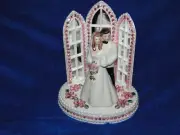 New Chapel Church Mirrored Windows Cake topper with Bride & Groom & Pink Decor