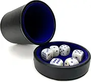 Luck Lab Black Leather Dice Cup with Lid Including 6 Matching Pearl Dice - Blue Velvet Interior for Quiet Shaking - Use for Liars Dice Farkle Yahtzee Board Games, Black