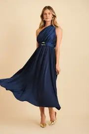 Women's Cocktail Bernadette One Shoulder Midi Dress Sleeveless in Navy Satin 8