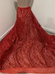 Red 4way stretch sequins Embroidery Mesh Lace fabric 50” Width Sold By The Yard