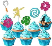 Rsstarxi 30 Pack Moana Inspired Cupcake Toppers Glitter Palm Leaf Flower Cupcake Picks Tropical Hawaiian Luau Theme Cupcake Decorations for Baby Shower Birthday Party Cake Decorations