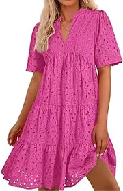 [Generic] Women's Elegant Hollow Out Lace Ruffle Casual Mini Dress, White Eyelet Dress for Women, V Neck Short Sleeve