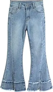 [Kidscool Space] Girls Jeans, Split Hem with Dual Edges High Stretch Denim Flared Pants