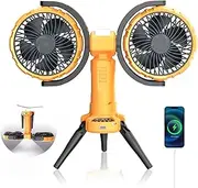 Outdoor Camping Fan with LED Light, Rechargeable Portable Dual Head Fan,Battery Powered with Cooler Tent Hook Fans,270° Oscillating 360° Rotation ,USB Desktop Fan for Travel,Fishing,Home (Yellow)