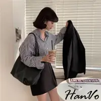 在飛比找蝦皮商城優惠-【HanVo】文青女孩直條紋寬鬆襯衫 百搭休閒寬版長袖上衣 