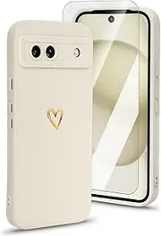 [CICIBER] Silicone Phone Case for Google Pixel 8A, with Screen Protector, for Women Girls Silky Soft TPU Protective Shockproof Case Cover with Gold Heart Pattern Design, Ivory White