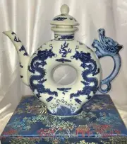 Jingdezen Style Blue/Wht Double Dragon Chasing Pearls Dragon Handle Teapot NWOT