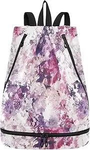 Yoogain Watercolor Style Abstract Art Purple Drawstring string bag hiking bags for men with Wet Dry Compartments, Watercolor Style Abstract Art Purple, 1 size