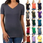 Zenana Basic V-NECK SHORT SLEEVE Cotton T-Shirt Top Stretch Solid Layering Plain